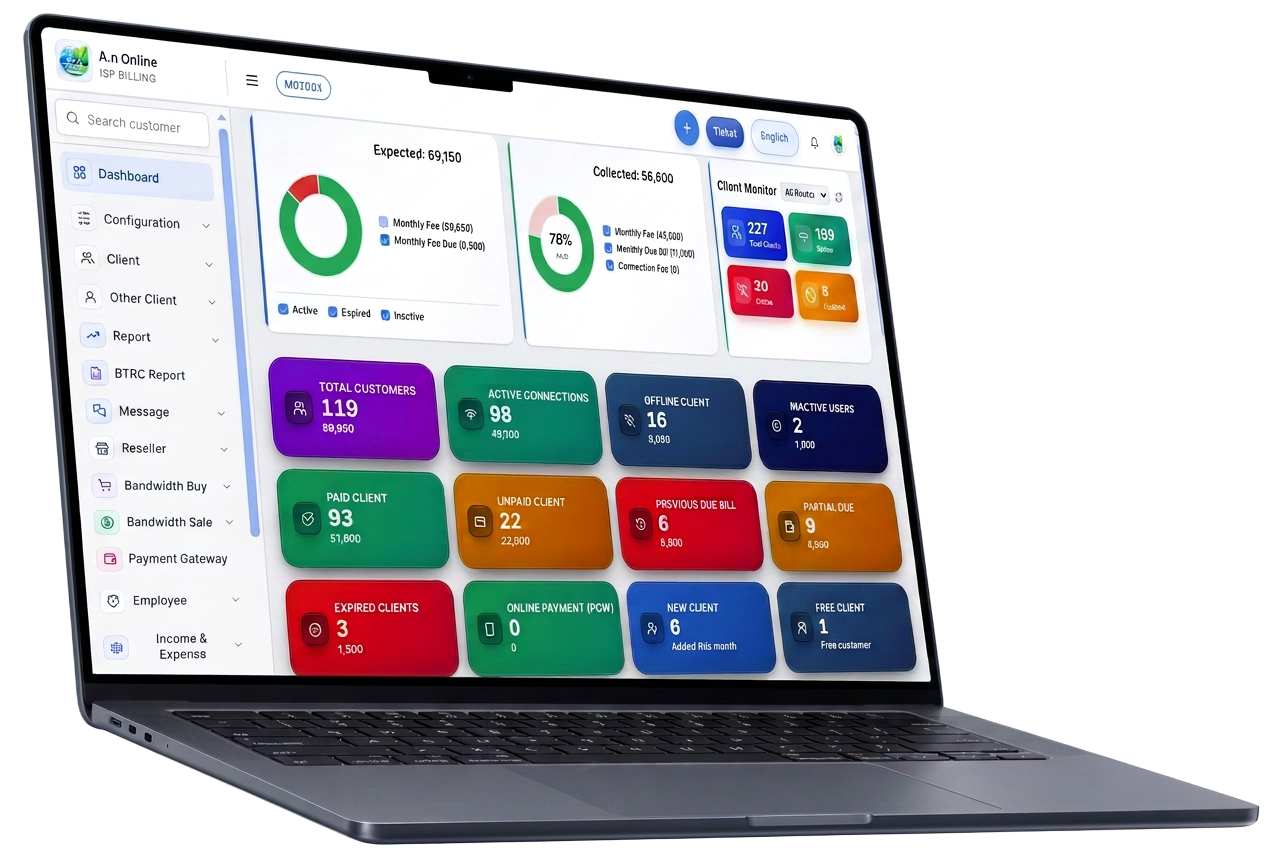 A.n Online ISP billing dashboard displayed full-screen on a silver laptop
